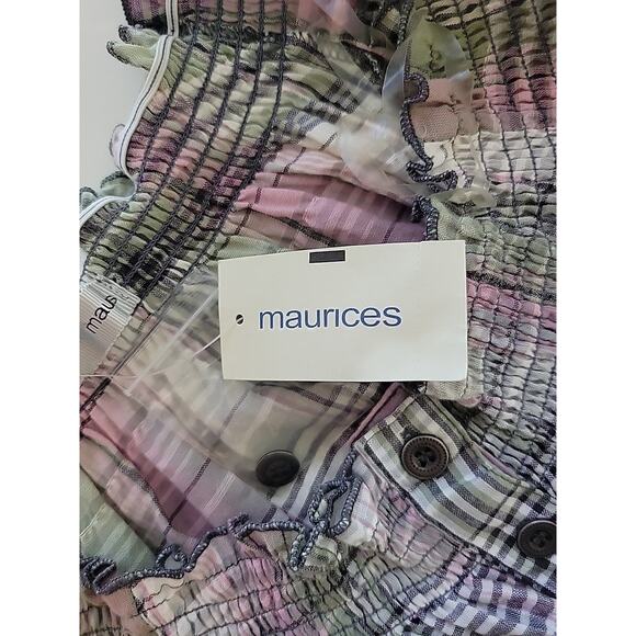 Maurices Green Plaid SS Button Up Smocked Tunic Peasant Top Women's Plus 1 1X - Picture 12 of 13